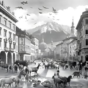 Innsbruck dans une vieille photographie avec des zèbres élégants, des mouettes, des singes et des figurines en argile. 2