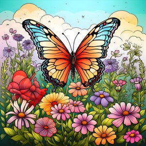Papillon dans un pré avec une treille de fleurs 1