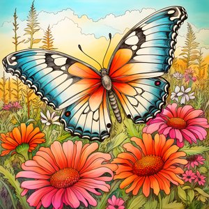 Papillon dans un pré avec une treille de fleurs 2