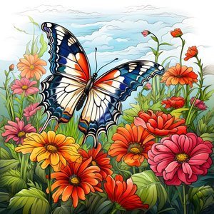 Papillon dans un pré avec une treille de fleurs 3