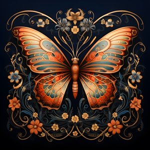 papillon au centre, symétrique, avec des fleurs en arrière-plan 1
