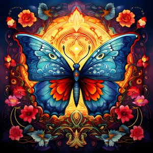 papillon au centre, symétrique, avec des fleurs en arrière-plan 2 - Kurt Heppke
