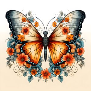 papillon au centre, symétrique, avec des fleurs en arrière-plan 3