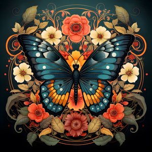 papillon au centre, symétrique, avec des fleurs en arrière-plan 4