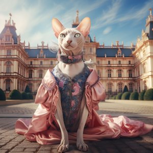 Chat Sphynx en robe de bal devant un magnifique palais de style médiéval 1