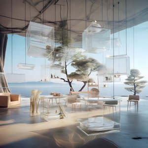 Bâtiment transparent avec la table île au milieu 1