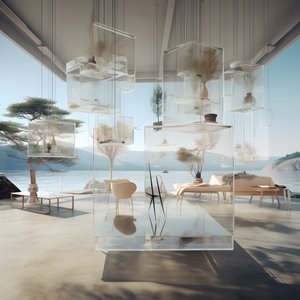 Bâtiment transparent avec la table île au milieu 2