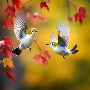 Deux adorables oiseaux à lunettes verts déploient leurs ailes et volent dans les feuilles d
