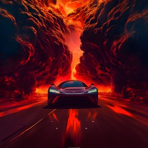 une voiture de luxe est conduite sur un chemin avec un fond rouge lumineux 1