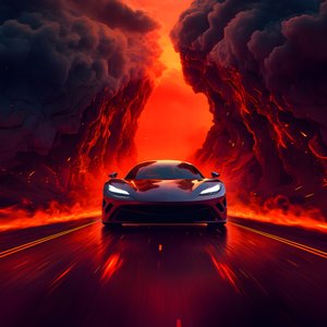 une voiture de luxe est conduite sur un chemin avec un fond rouge lumineux 4