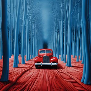 voiture bleue dans une forêt rouge 3