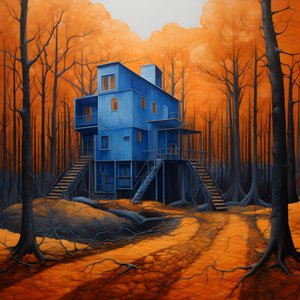 maison bleue dans une forêt orange 1