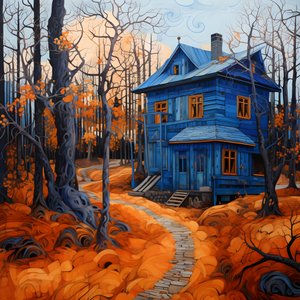 maison bleue dans une forêt orange 4