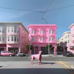 Un chien rose au milieu de la ville de San Francisco 2