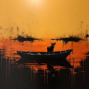 Une vache dans un bateau sur un lac