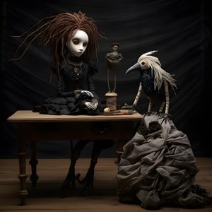 une grande poupée sur une table avec un squelette dessus 2