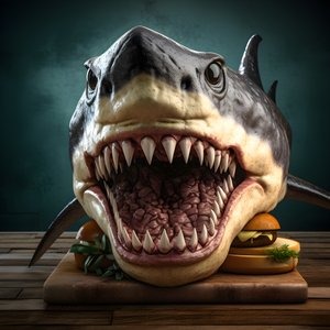 grand cheeseburger à tête de requin avec du bœuf sur une planche en bois 1