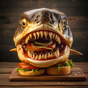 grand cheeseburger à tête de requin avec du bœuf sur une planche en bois 4