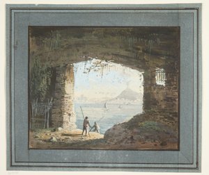 Vue depuis une ruine sur une baie avec volcan - L. Chipart