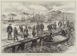Croquis en Islande, débarquement de morue séchée à Reykjavik - L. Huard