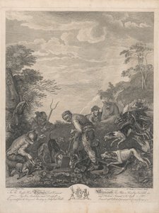 Trois hommes déterrant un terrier de renard, observés avec impatience par des chiens - L. Truchy