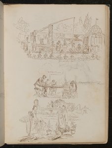 Scène de jardin et de lessive avec des figures féminines inscrites "Puits génois", et une étude de quatre figures inscrites "Famille Manenti à dîner"