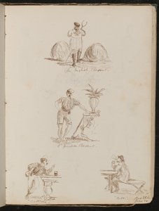 "Paysanne anglaise", "Paysanne génoise", étude de figures dans des tavernes inscrites "Battista" et "Bile", lieu et date "20 juin" - Lady Butler