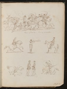 Sept études de batailles de cavalerie, soldats et une femme à cheval - Lady Butler