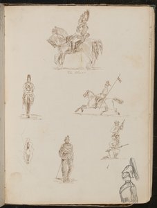 Six études de soldats, un à cheval inscrit "les Bleus", petite étude de cheval de face - Lady Butler