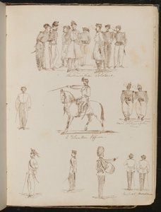 Études de huit soldats inscrites "Soldats piémontais", "un officier volontaire", deux "soldats français à la ligne"