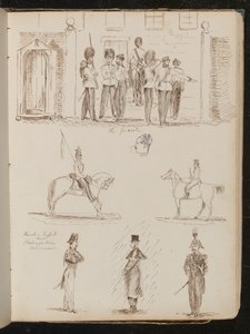 Étude de "la Garde", deux études de soldats à cheval, trois études de policiers français, anglais et piémontais - Lady Butler