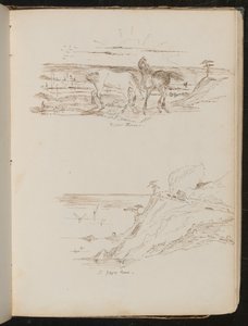 Étude de deux chevaux dans un paysage inscrit "Chevaux sauvages", étude de scène côtière et de falaise inscrite "une route en zigzag"