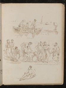 Trois figures dans une barque, scène de marché avec huit figures inscrites "Soldats piémontais achetant des fruits" - Lady Butler