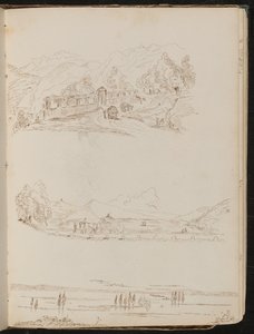 Trois études de scènes de campagne avec habitations, chevaux tirant une charrette et plan d