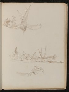 Trois études de navires, bateaux et paysage côtier