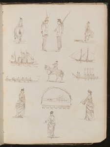 Douze études montrant une femme montant en amazone, des soldats en conversation, des navires, un clairon à cheval - Lady Butler