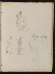 Deux études à la plume de paires de soldats en conversation, une étude au crayon de deux jeunes hommes en conversation - Lady Butler