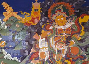 Fresque représentant des divinités colorées, Monastère bouddhiste de Lamayuru, Himalaya, district de Ladakh, état de Jammu-et-Cachemire, Inde
