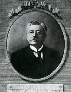Portrait de Temistocle Calzecchi Onesti, physicien et inventeur italien, gravure d