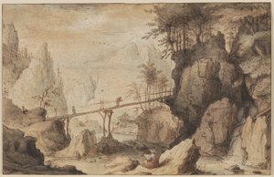 Dessinateur sur une pierre devant un pont