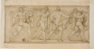 Frise de satyres portant des peaux de lion et jouant de la flûte
