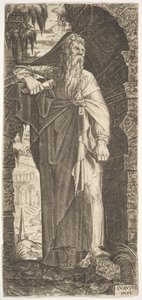 Saint Paul sous une arche envahie par la végétation, son pied gauche posé sur un rocher, sa main droite... - Lambert Suavius