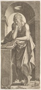 Saint Simon devant un livre ouvert avec les doigts de sa main gauche pressés sur le..., 1545