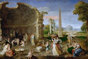 Paysage avec ruines antiques et femmes se baignant