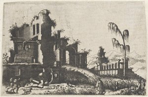 Paysage avec ruines couvertes de végétation et voyageurs - Lambertus Suavius