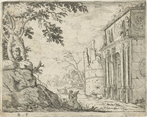 Dessinateur près des ruines d