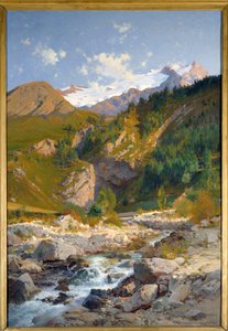 Le torrent à Chavalchère, glacier de Tabuchet et la montagne de la Meije