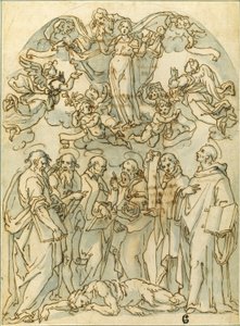 Vierge en gloire avec des saints, dont saint Jean, à leurs pieds