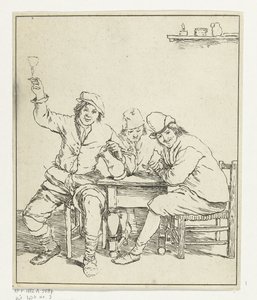 Trois hommes à table fumant et buvant