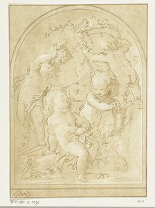 Cinq putti avec des fleurs et des guirlandes près d